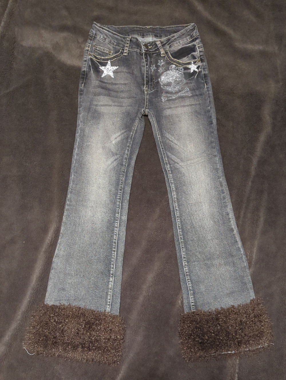 ROMWE Gray Washed Flared Jeans with Rhinestone Skull & Star Accents